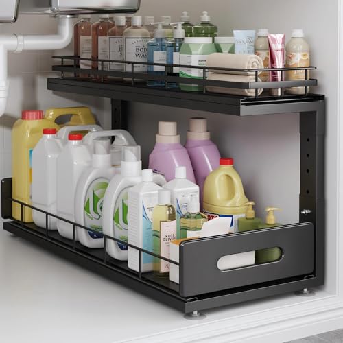 Under Sink Organizer Upgrade To Professional Rails,2-Tier Dual Pull Out Cabinet Storage,Height Adjustable Slide Out Drawers For Bathroom Kitchen,1 Pack-21"Dx12.8"-16.9"H,Black - color: Black, size: 1 Pack-21"Dx12.8"-16.9"H