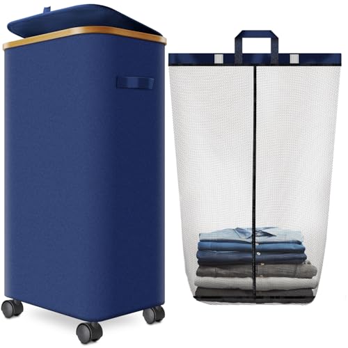 Laundry Hamper with Wheels,29 Gal (110L) Laundry Basket with lid Rolling Clothes Hamper Foldable Dirty Clothes Basket on wheels with Bamboo Frame and Bag for Bedroom, Dorm, Laundry Room-Blue - color: Blue, size: 110 L