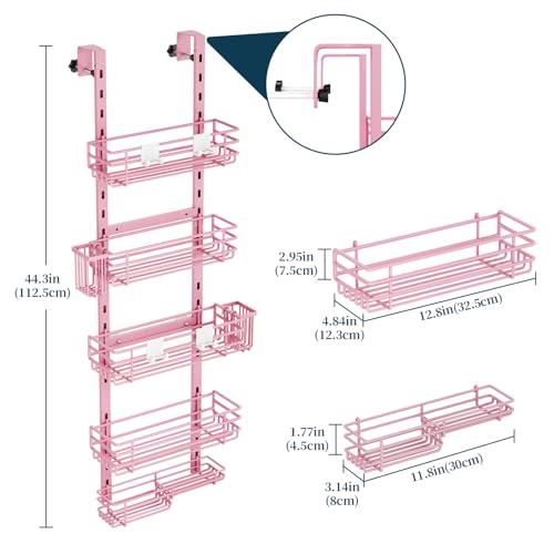 Consumest Over The Door Shower Caddy - 5 Tier Adjustable Shower Organizer Hanging with 2 Toothbrush Holders & 4 Hooks, Rustproof Organizer Shelf, Storage Rack for Bathroom, Pink - color: Pink, size: 5-Tier