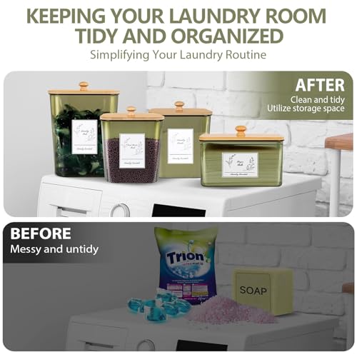 Zingbee 4 Pack Laundry Pods Container & Dryer Sheet Holder, Plastic Pod Holder with Lids & Scoops, Laundry Room Organization and Storage Sets for Powder, Detergent, Scent Booster - color: Clear Green-0