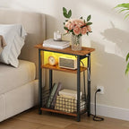 HOOBRO Narrow Side Table with Charging Station and LED Light, Small End Table with Storage, Skinny Nightstand with USB Port, Slim Bedside Table for Small Spaces, Living Room, Rustic Brown BF242UDBZ01 - color: Rustic Brown + Black