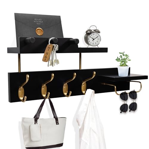 Coat Rack Wall Mount with Shelf, 4 in 1 Wood Coat Hooks with Key and Mail Holder, 17 Inch Entryway Hanging Shelf with Sunglasses Holder and 4 Metal Hooks for Clothes Hats Bag, Black and Gold - color: Black