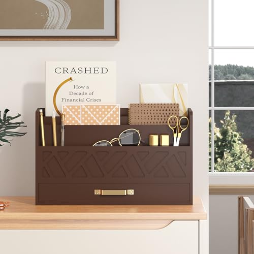 WISUCART Bamboo Mail Organizer Countertop Wood Desk Organizer Drawer Tabletop Storage Box Letter Sorter Makeup Organizer for School Home Office Supplies Brown - color: Brown