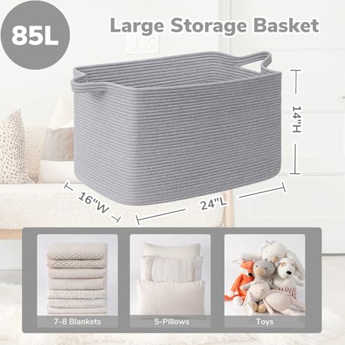 Goodpick 85L Large Woven Blanket Basket 23.6" x 15.7" x 13.8" Cotton Rope Storage Organizer for Dirty Clothes Pillows, Rectangle Toy Storage Basket for Nursery Bedroom, Gray - color: Grey, size: X-Large(23.6"L x 15.7"W x 13.8"H)