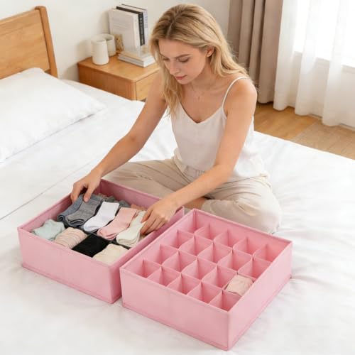 Sock Organizer Drawer Organizer,24 Compartment Foldable Storage,Closet Dividers for Underwear, Socks, Bras, Scarves, Ties, Pink - color: Pink
