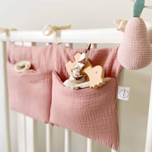 Cotton Baby Bedside Hanging Storage Bag,2 Pockets Organizer for Baby Cribs and Toys (Pink) - color: Pink