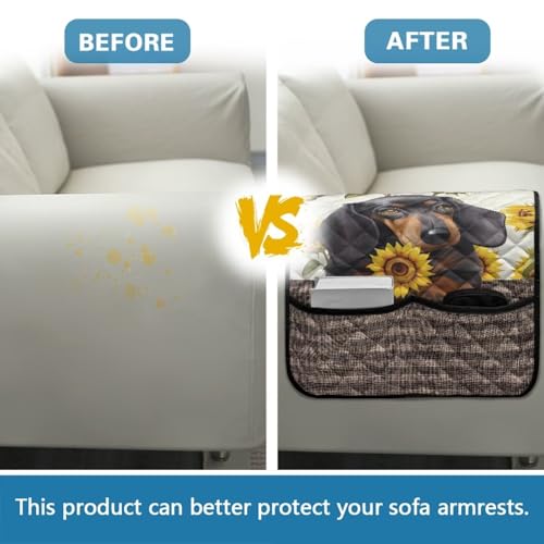 Dachshund Sunflower Butterfly Print Sofa Arm Slipcover Recliner Arm Covers with Organizer Pockets 44x20 inch Chair arm Cover Anti-Slip Furniture Protectors - color: Dachshund Sunflower Butterfly