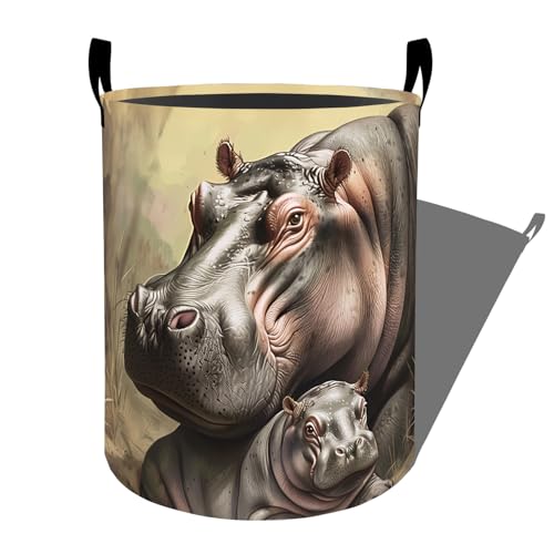 Gentle Hippos with Baby Together Laundry Basket with Handles, 19.7"x15.7" Clothes Foldable Laundry Hamper Organizer for Dorm Nursery Bedroom Bathroom Decor, Toy Storage Bin for Kids - style: Hippo47