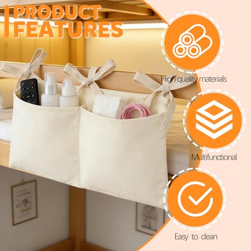 2 Pieces Solid ColorBedside Caddy with 2 Pockets, Bedside Hanging Storage Organizer, Dorm Rooms Bunk Bed Storage Bag for Home Phone Remote Control Key Glasses (Light Tan, White) - color: Light Tan, White