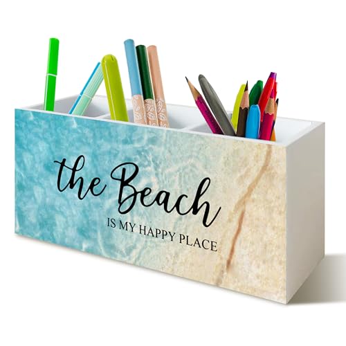 Beach Gifts for Women Men, The Beach Is My Happy Place Pen Holder for Home Office Kitchen Desk Decor, Beach Wooden Pencil Holder Sign Organizer for Home Office Desk Accessories, - color: sapphirine