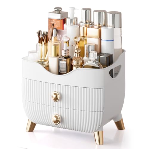 Makeup Organizer Countertop, Large Capacity Skincare Cosmetic Organizer for Vanity with 2 Drawers, Cosmetic Display Cases Makeup Storage Box for Bedroom, Bathroom, Ideal Gifts for Women(White) - color: White