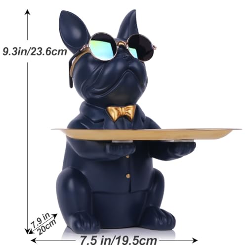 QIANLING Modern Decor Resin Navy Blue Bulldog Statue Tray - Storage Key Holder, Candy, Jewelry, Earrings - Suitable for Home, Dining Table, Office - Modern Art Small Object Tray - color: Navy Blue