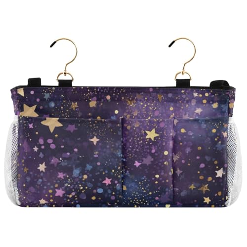 Bedside Caddy Metal Frame Hanging Organizer Bunk Bed Dorm Accessories Hook And Loop Storage Bag Large Pockets Dark Purple Dotty Stars - color: Dark Purple Dotty Stars