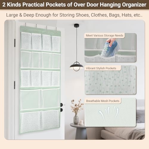 16 Pockets- Over Door Hanging Storage Organizer with 4 Kinds Pouch,Behind Closet Hanging Shelf Holder for Sock,Hat,Underwear,Travel Outfit,Shoes,Back of Door Space-saving Organization for Home,Dorm,RV - style: Medium-Green: Pack of 1