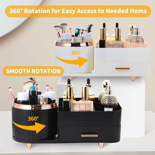 Makeup Organizer Countertop with Drawer 360 Rotating Brush Holder Storage Large Capacity Skincare Cosmetic Display Cases for Vanity Bathroom Desktop, Model 3016 Black - color: Black