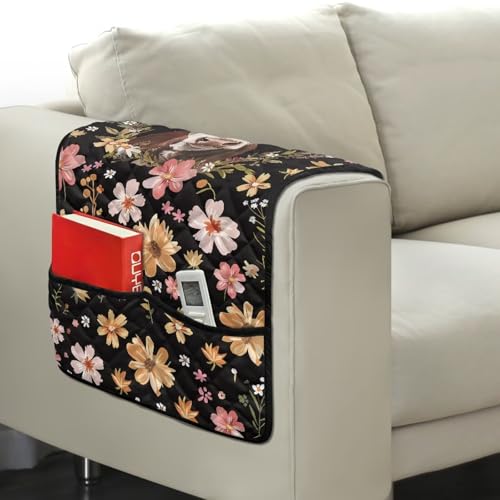 Highland Cattle Daisy Flower Print Sofa Armrest Slipcovers Non-Slip Arm Covers for Recliner with 2 Pockets for Magazine, Tablet, Phone, iPad Anti-Scratch Couch Covers Home Decor - color: Highland Cattle Daisy Flower