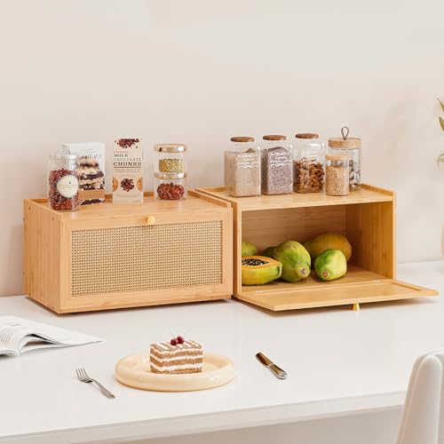 Trironsun Rattan Bamboo Bread Box for Kitchen Counter Large Capacity Bread Storage Bin Farmhouse Bread Storage Container Rustic Bread Holder (Natural Bamboo) - color: Natural Bamboo