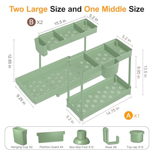 Sevenblue 3 Pack Multi-Purpose Under Sink Organizers and Storage, 2026 L-Shaped Pull Out Cabinet Organizer for Bathroom & Kitchen, Under Cabinet Organizer with Hooks Hanging Cup (Green, 12.85 inch)