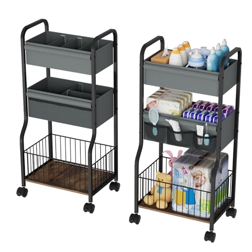 3-tier Baby Diaper Caddy Organizer and Storage Cart with 4+3 Dividers, Metal Utility Cart with Lockable Wheels for Nursery, Bedroom, Bathroom, Black - color: Black