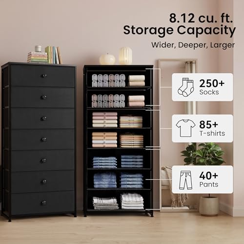 Crestlive Products Tall Dresser, 7-Drawer Wide Fabirc Storage Tower, Chests of Drawers - Vertical Organizer Unit for Bedroom, Hallway, Entryway, Nursery, Wood Top, Closets with Handles (Black) - color: Black, style: Wide-7 Drawers