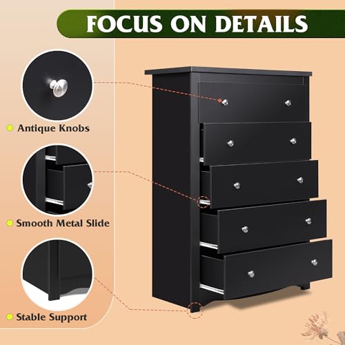 WLIVE Wooden Dresser with 5 Drawers, 45" Tall Black Dresser for Bedroom, Chest of Drawers, Storage Cabinet and Organizer Drawers for Living Room, Hallway, Closet - color: Black, size: 5 Drawers