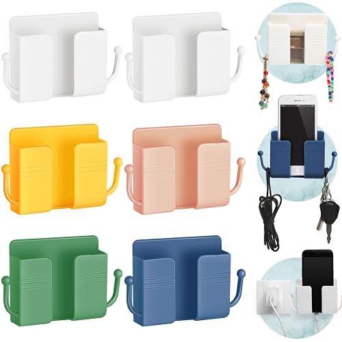 Jetec 6 Pcs Wall Mount Phone Holder Self-Adhesive Wall Beside Organizer Storage Box Plastic Charging Phone Stand Remote Brackets Holder for Bedroom(White, Yellow, Green, Pink, Blue) - color: White, Yellow, Green, Pink, Blue