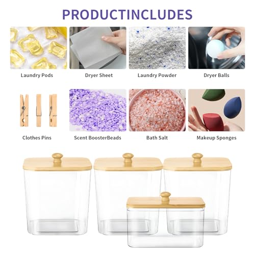 4-Pack Laundry Pods Container, Laundry Room Organization Containers,Large Laundry Detergent Powder Storage Containers with Wooden Lids & Labels,Clear Laundry Pod Holder for Scent Booster/Powder/Pods