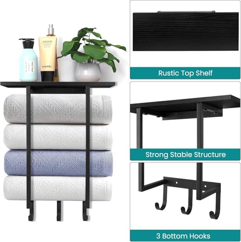ELITEROO Towel Holder for Bathroom Wall, Towel Rack with Shelf and Hooks, Hanging Towel Organizer for Small Bathroom Storage, Wooden Rolled Towel Shelf for RV, Camper, Black - color: Black