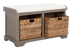 SAFAVIEH Home Collection – Freddy White Wash Storage Bench with Wicker Baskets & Cushion, Entryway Seating Bench, Fully Assembled (AMH5736G) - color: White Washed