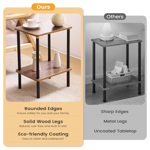Apicizon 2 Tier End Table Set of 2, Small Side Table with Solid Wood Legs, Boho Bedside Table with Storage Shelf, Nightstand for Small Spaces, Bedroom, Living Room, Entryway, Easy Assembly, Brown - color: Brown, size: 2 Set, style: 2 Tier