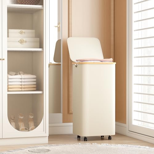 Yecaye 100L Large Capacity Laundry Hamper – Foldable Rolling Laundry Basket, Mobile Clothes Hamper with Wheels, Removable Inner Bag, Bamboo Handle Lid Laundry Bin – Multi-Use Storage,Beige - color: beige