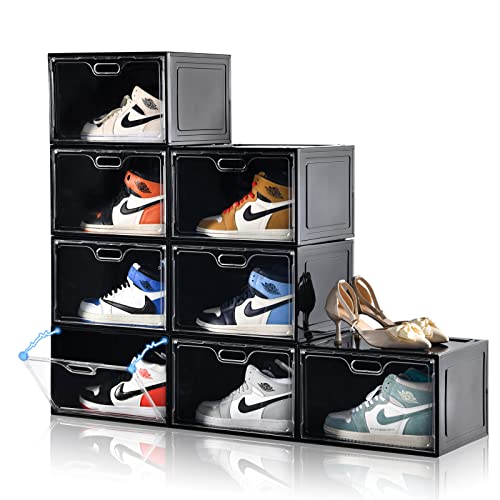 Amllas 8 Pack Shoe Boxes Black Plastic Stackable, Large Shoe Storage Organizer,Drop Side Front Shoe Containers for Entryway,Sneaker Storage Fit up to US Size 13 for Men/Women(13’’x 10.6”x 8.3”) - color: Black