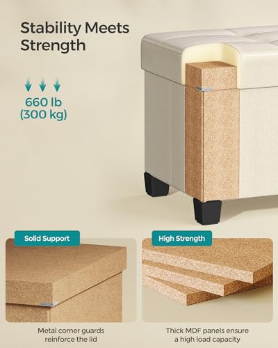 SONGMICS Storage Ottoman Bench, Foldable Foot Rest with Legs, 15 x 43 x 15.7 Inches, End of Bed Bench, Storage Chest, Load up to 660 lb, for Living Room, Bedroom, Entryway, Cream White ULSF018W01 - color: Cream White, size: 15"D x 43"W x 15.7"H