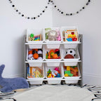 Humble Crew 9-Bin Toy Organizer – Slate Grey Wood Grain/White Plastic Bins, 3-Tier Storage Solution for Kids' Playrooms and Nurseries - color: Grey Wood Grain/White