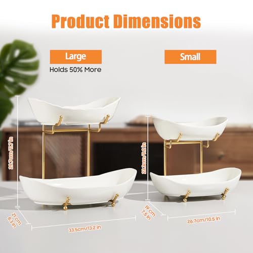 2 Tier Ceramic Fruit Bowl for Kitchen Counter, Tiered Fruit Basket for Countertop, Modern Multi Layer Fruit Display Stand for Party, Cute (Gold&White, Large) - color: Gold&White, size: Large