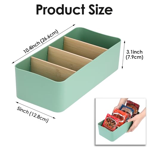 BSTKEY Seasoning Packet Organizer, Food Storage Organizer with Divided 4 Bamboo Wood Compartments, Green Plastic Storage Caddy for Pantry Cabinet, Kitchen Organization Bin for Snacks Spice Packets - color: Green