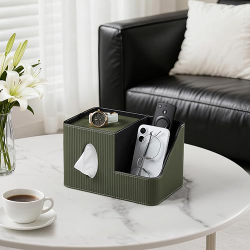 PU Leather Square Tissue Box Cover with Magnetic Closure, Tissue Holder with Storage Tray & Remote Control Organizer, for Nightstand, Living Room, Bathroom, Office Desk (Green Stripes) - color: Green Stripes