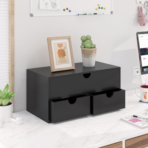 Bamboo Desk Organizer with Drawers Desktop Storage Drawers for Bills Office Supplies Kitchen Utensils Organizing Tool for Home Classroom Organization No Assembly (Black) - color: Black