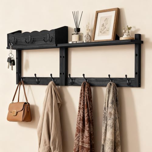 28" Coat Rack Wall Mount with Shelf, Entryway Key Holder Wall Mount Wood Wall Coat Hooks with 7 Hooks 3 Key Hanger, Wall Mounted Coat Rack Mail Holder for Living Room, Bedroom - color: Black, size: 28 inch