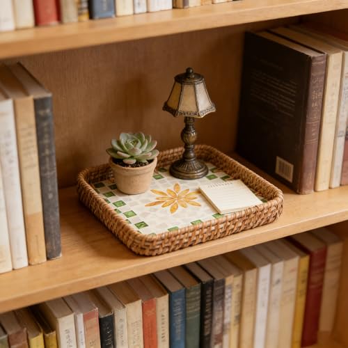 Rattan Serving Tray with Mother of Pearl Inlay, Square Handmade Woven Storage Basket Decorative Tray for Home Decor, 8.3"x8.3" - color: Green Grid Yellow Leaves, size: 8.3" x 8.3" x 1.6"