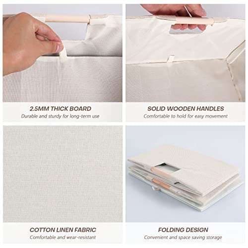 Fabric Storage Bin Box Foldable Cotton Linen Storage Basket with Wooden Handles Rectangular Cube Decorative Home Laundry Organizer Clothes Blanket Container - Beige, Small - color: Beige, size: Small