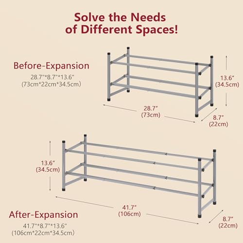 Tajsoon 2 Tier Expandable Shoe Rack for Closet, 28“-41“Adjustable & Stackable Shoe Shelf Storage, Metal Shoe Rack Organizer for Front Door Entrance, Closet, Garage, Entryway, Grey - color: Grey, size: 2 Tier