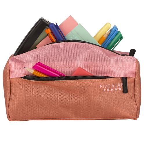 Five Star Pencil Pouch, Pen Case, 9-Pocket Zipper Pouch, Storage Organizer for School Supplies Earbuds Chargers Cables Makeup, Pink/Terracotta (500213F-ECM) - color: Pink/Terracotta, size: 8"L x 4"W x 3"H