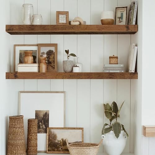 QEEIG Floating Shelves for Wall 31.5" Long - Wall Mounted Shelf Bathroom Kitchen Living Room Bedroom Farmhouse Home Decor Display Bookshelf Large 31.5 x 9.3 inch Set of 2, Rustic Brown (008-80BN) - color: A. Brown, size: 31.5"
