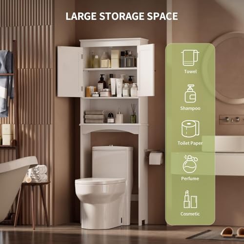 Gizoon Over the Toilet Storage Cabinet with Adjustable Shelf and Double Doors, Bathroom Space Saver Organizer Above Toilet with Open Shelf, Taller Wooden Free Standing Toilet Rack -White - color: White