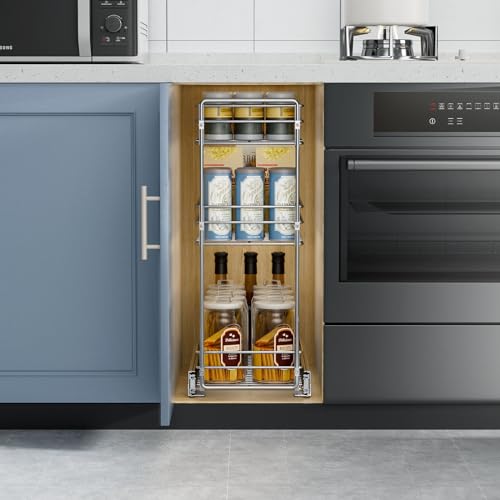 ROOMTEC Pull Out Spice Rack for Narrow Cabinet (8½" W X 20½" D),3 Tier Slide Out Cabinet Organizer and Pull Out Shelves Under Cabinet Storage for Kitchen, Chrome - size: 8½" W X 20½" D,3 Tier