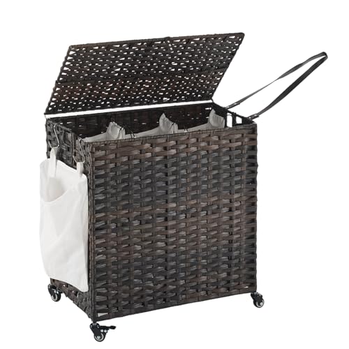 Laundry Hamper with Wheels, 39.6 Gallon(150L) Rolling Laundry Basket with Lid, 3-Section Rattan Clothes Hamper with 3 Removable Liner & 3 Mesh Bags, Laundry Sorter with Side Pocket, Brown - color: Brown, size: 150L（23.62 x 15.75 x 25.6 Inches）
