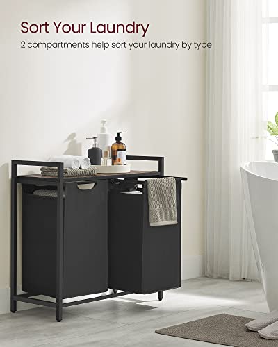 VASAGLE Laundry Hamper, Laundry Basket, Laundry Sorter with 2 Pull-Out and Removable Bags, Shelf, Metal Frame, 2 x 12.1 Gallons (46 L), 28.8 x 13 x 28.4 Inches, Ink Black and Rustic Brown UBLH201B01 - color: Black + Rustic Brown, size: 2 Bags - 92 L