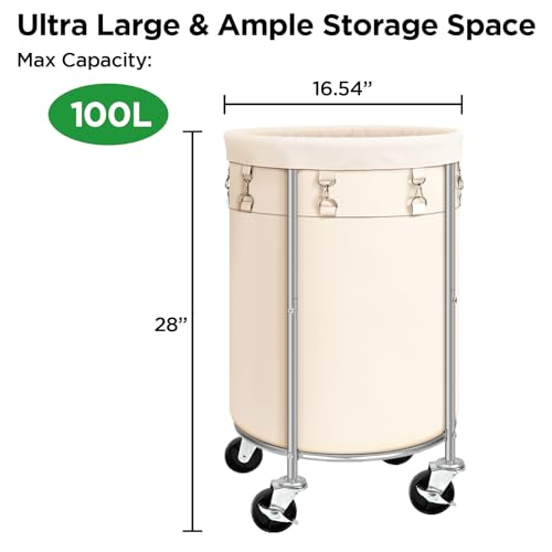 Laundry Hamper with Wheels, 100L Round Rolling Laundry Basket Sorter with Removable Bag, Clothes Cart Organizer with Steel Frame for Bedroom, Bathroom, Laundry Room, Beige - color: Beige