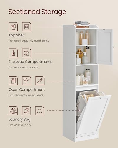 VASAGLE Tall Storage Cabinet, Storage Unit with Removable Laundry Basket, Compartment and Cabinet, for Bathroom, Living Room, 15.8 x 15.8 x 66.9 Inches, Cloud White UBBC761W01 - color: Cloud White, size: 15.8"L x 15.8"W x 66.9"H, style: 2 Doors + 1 Laundr